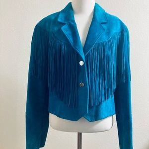 Pioneer Wear Vintage Women’s Suede Leather Teal Fringe Crop Jacket size 14
